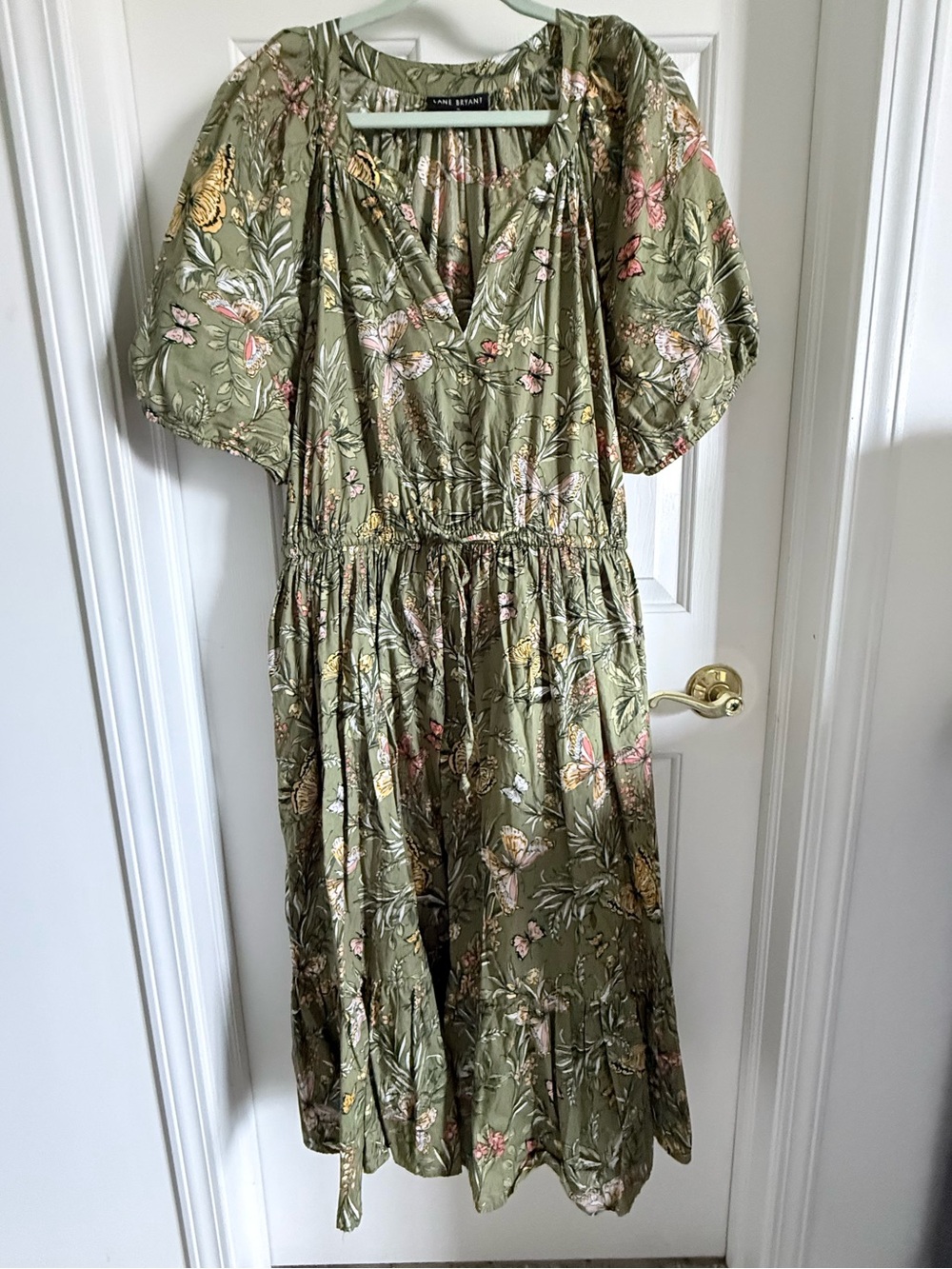 100% Cotton Butterfly Floral Puff-Sleeve Midi Dress in Olive Green Cinch Waist